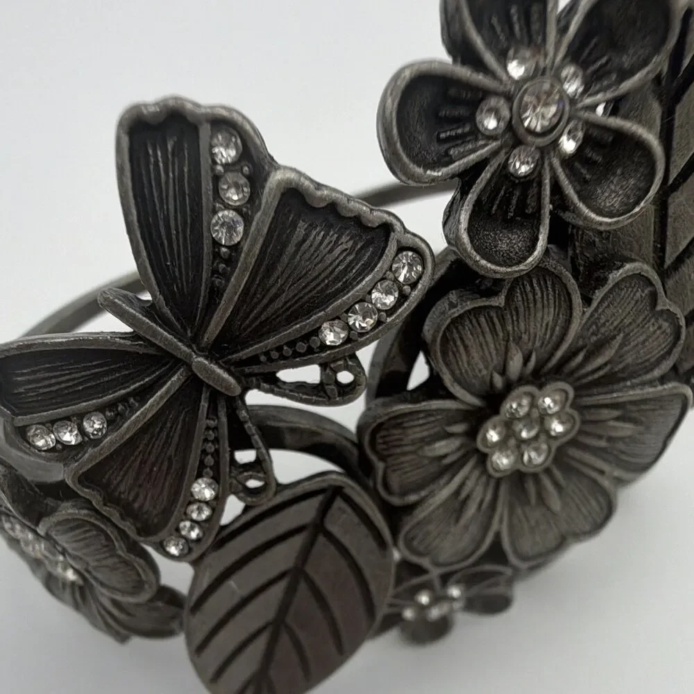 Black Tone Floral Butterfly Leaf Hinged Cuff Bracelet Clear Rhinestones
